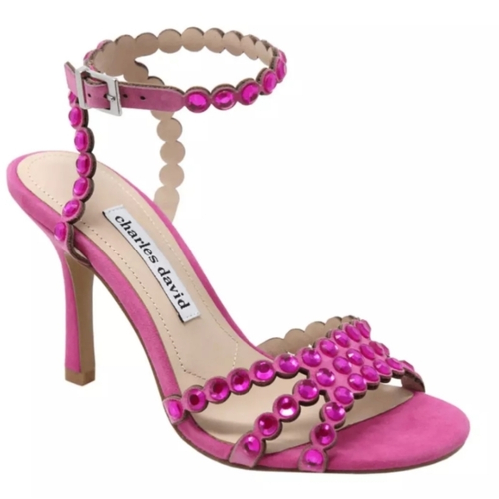 Charles David Penelope Pink Rhinestones Suede Ankle Strap Heels Sandals Size 10